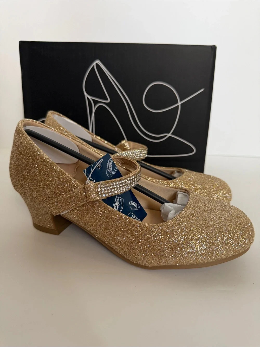 Girls 2 Gold Glitter Mary Jane Heels with Rhinestone Strap NIB pageant dressy